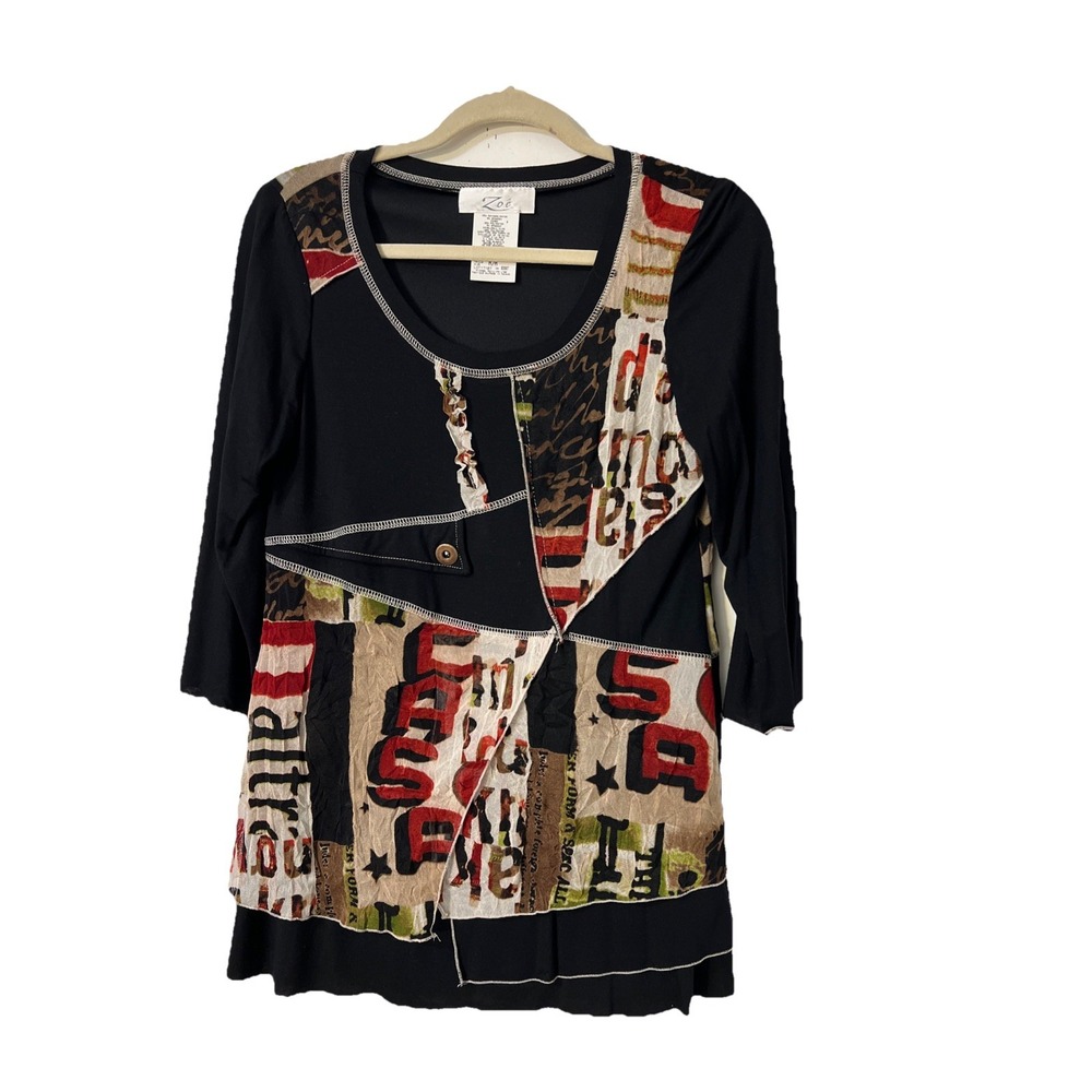 Zoe by Michael‎ Phillips Patchwork Blouse Black Multicolor M Y2K Sheer
